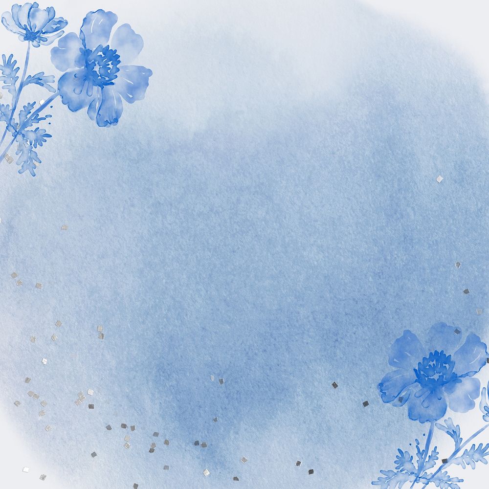 Blue watercolor flower background, botanical border