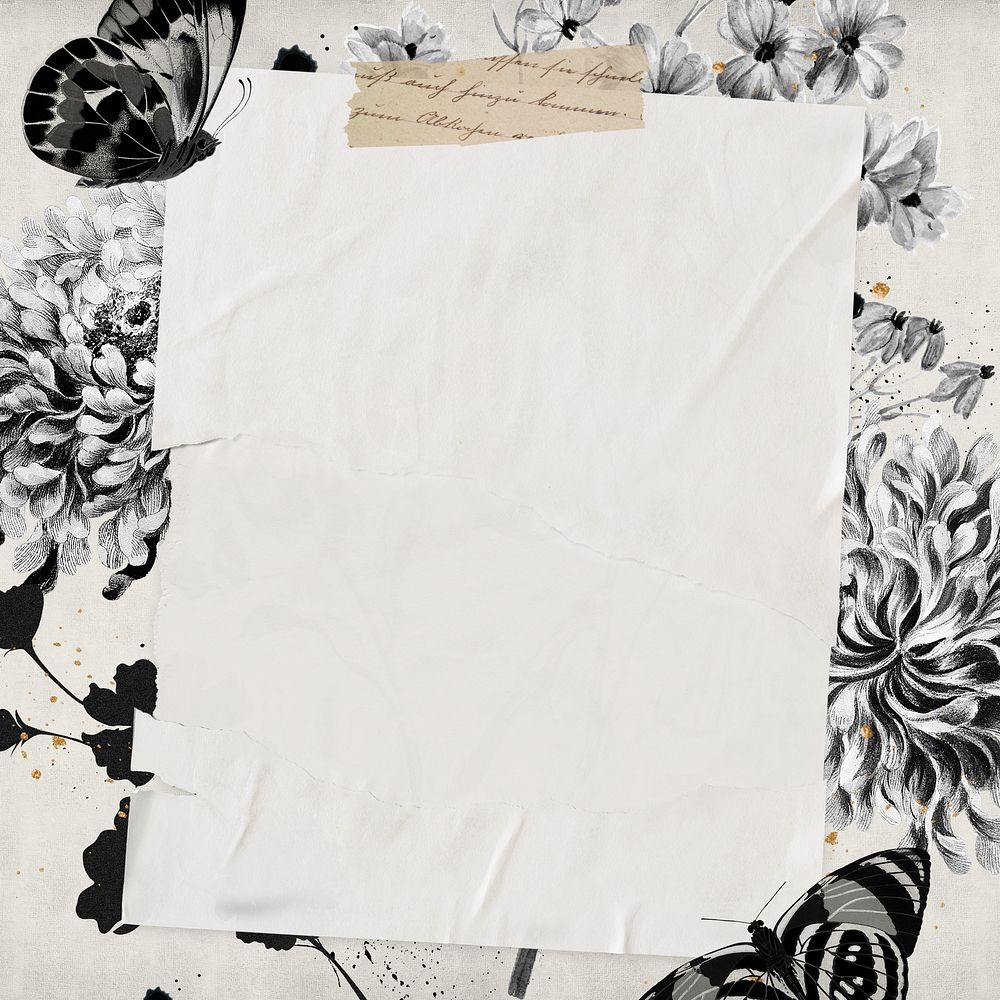 Grayscale floral frame, wrinkled paper design