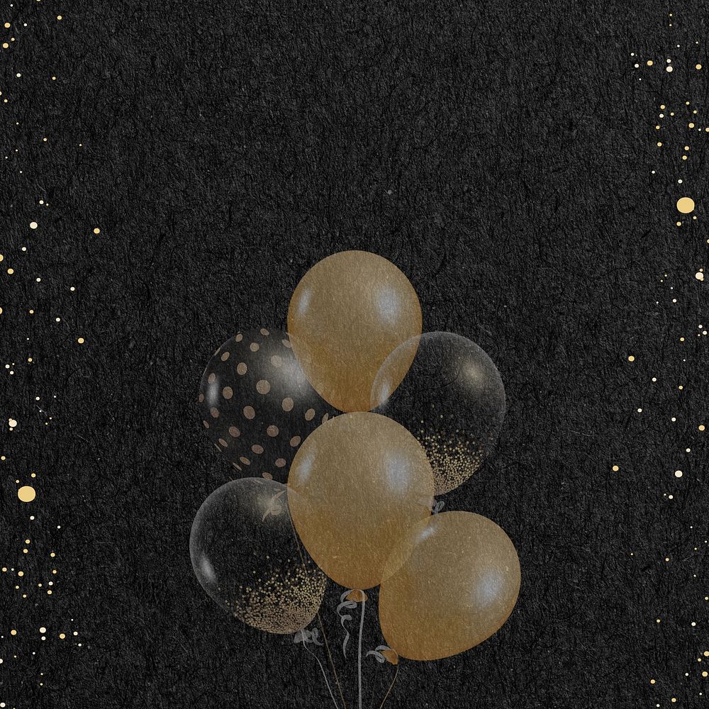 Gold party balloons background, black textured design