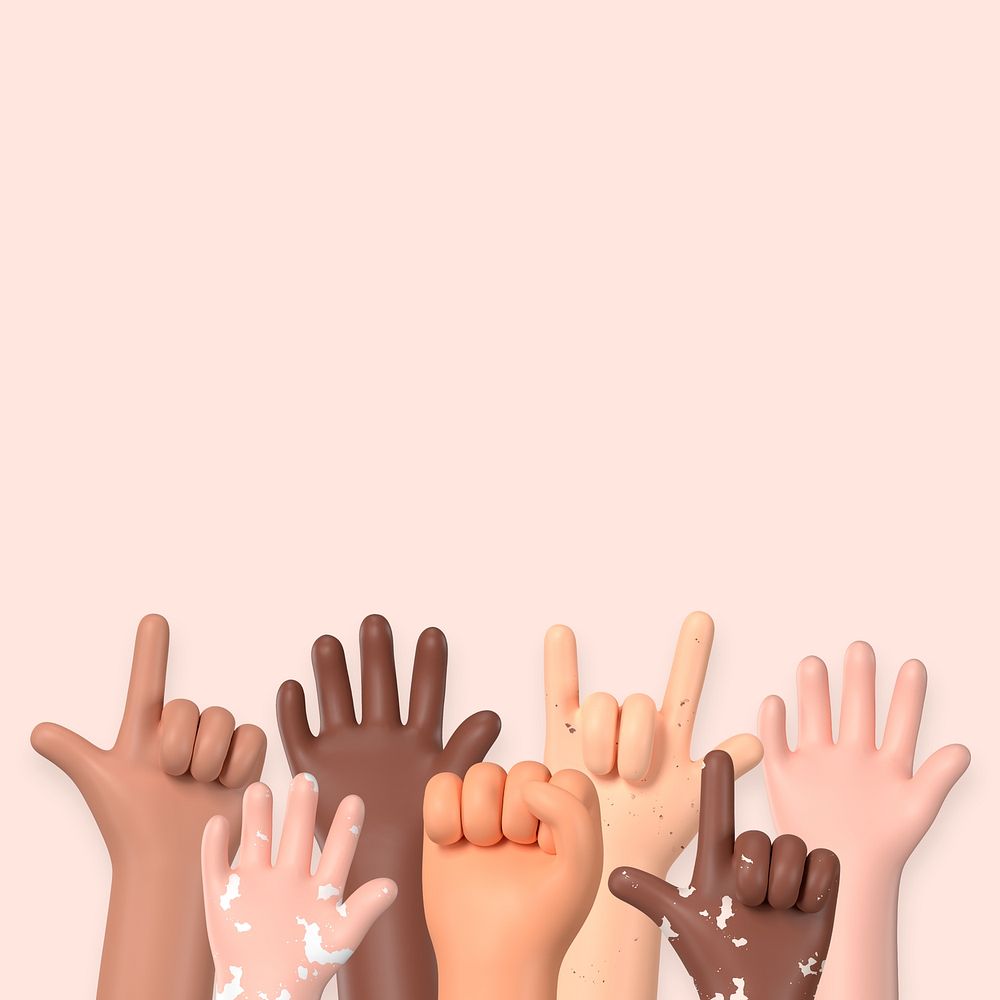 Raised diverse hands background, 3D border