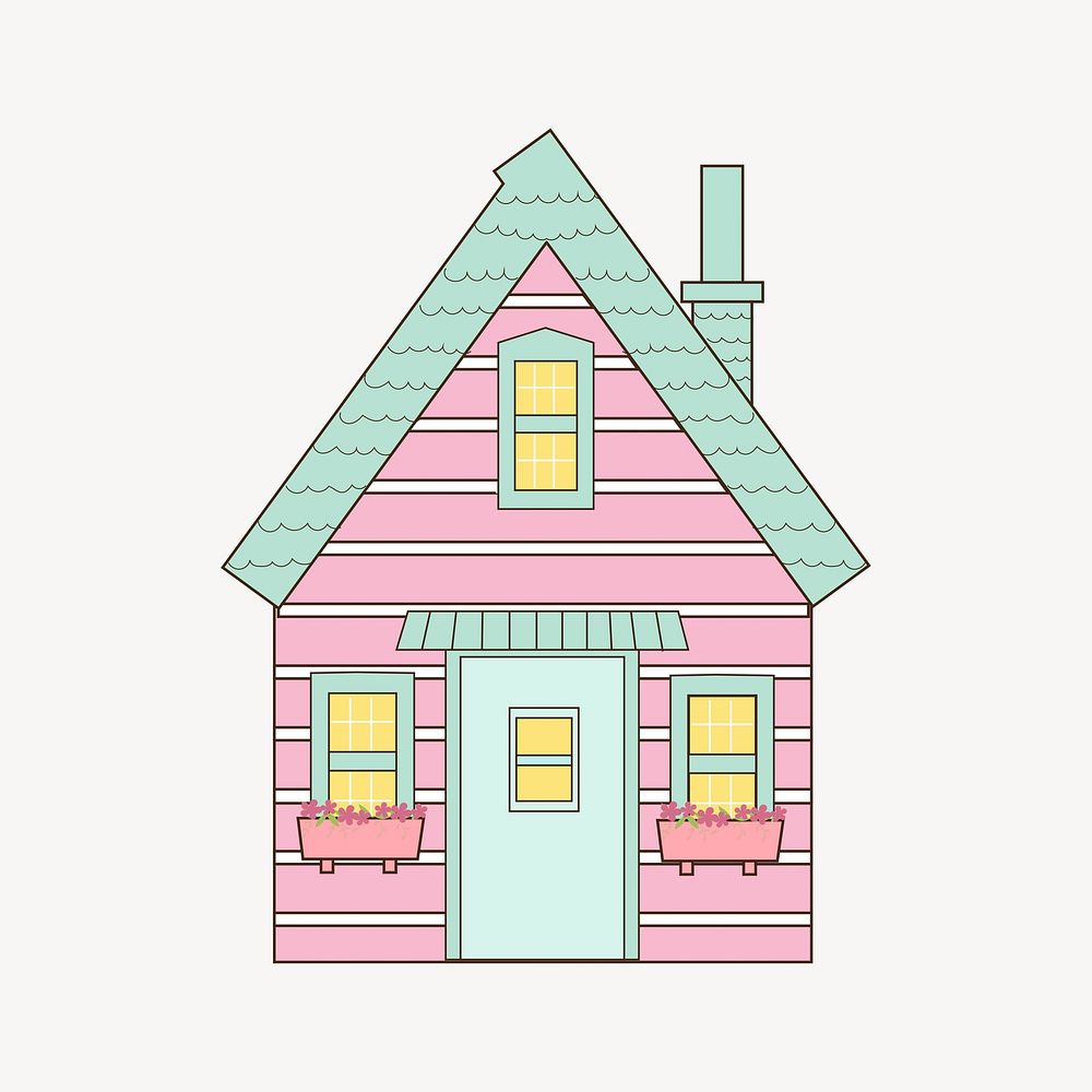 Pink farmhouse illustration. Free public domain CC0 image.