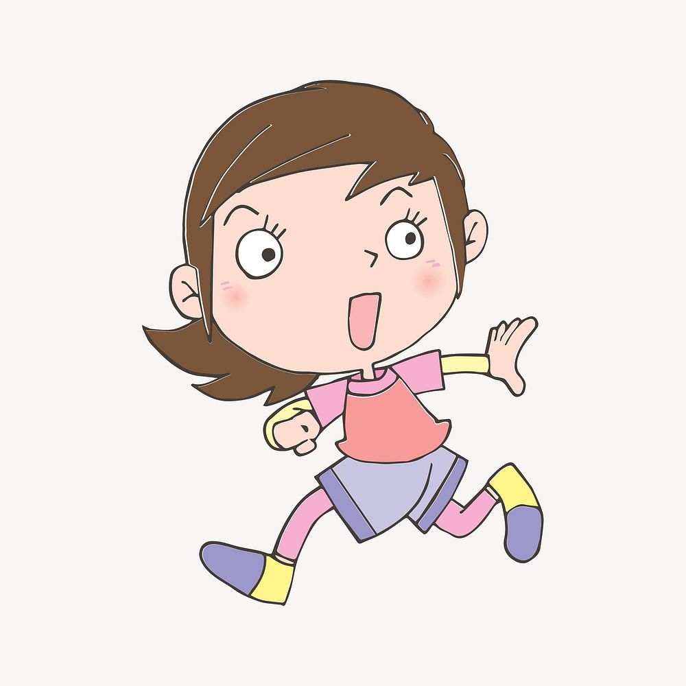 Cheerful girl cartoon clip art vector. Free public domain CC0 image.