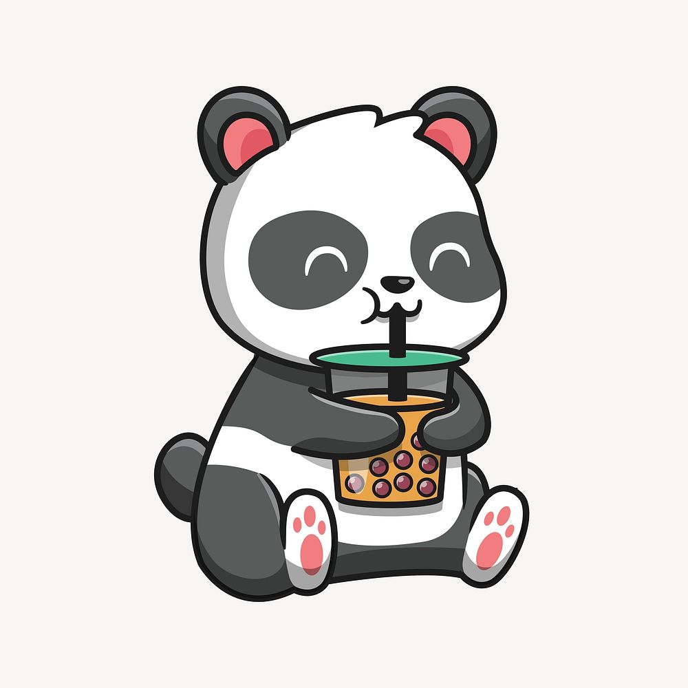 Panda drinking bubble tea illustration. Free public domain CC0 image.