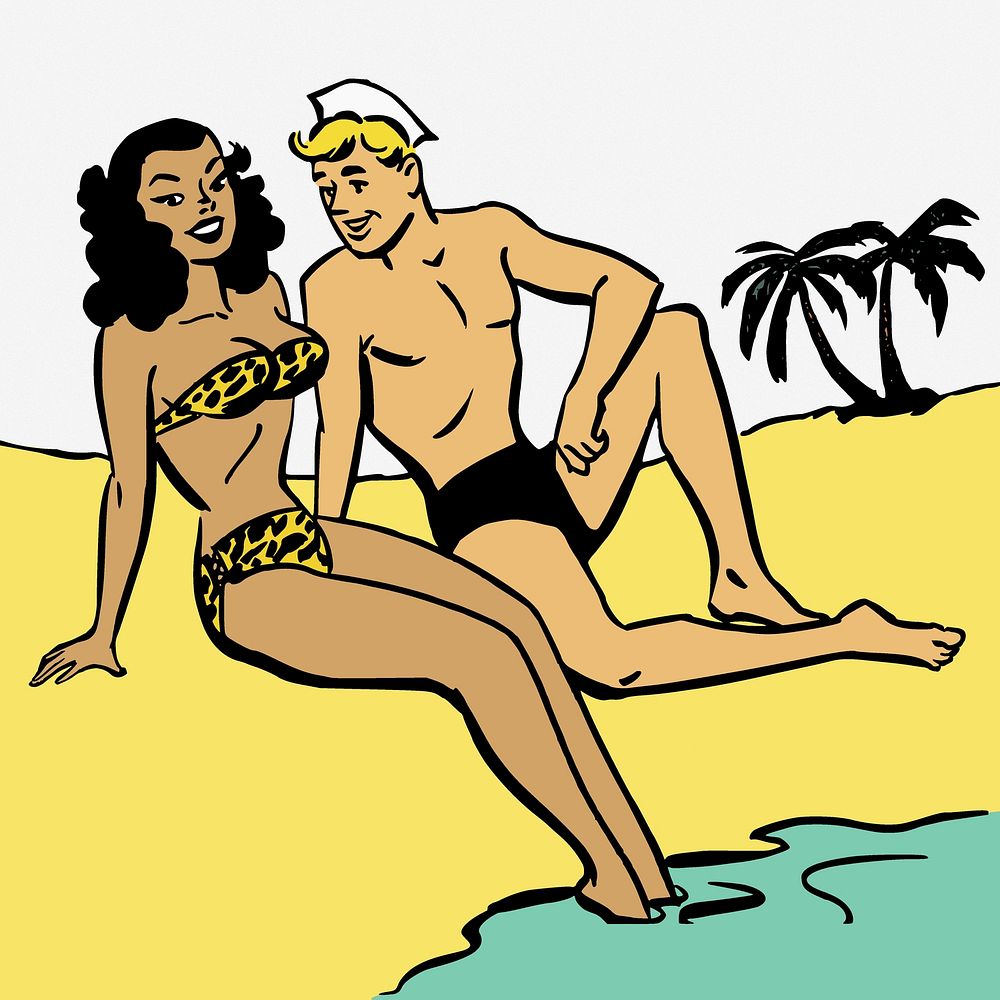 Man woman on a beach date illustration. Free public domain CC0 image.