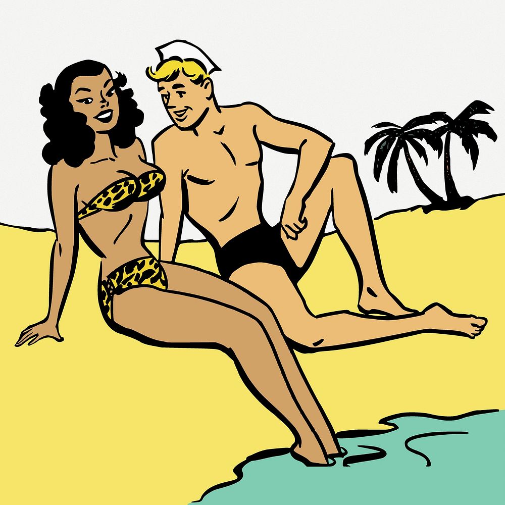 Man woman on a beach date illustration psd. Free public domain CC0 image.