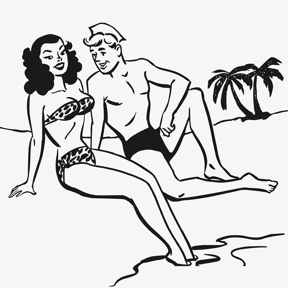 Man woman on a beach date collage element vector. Free public domain CC0 image.