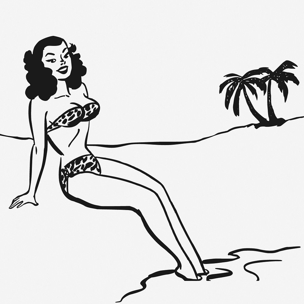 Woman on the beach illustration. Free public domain CC0 image.