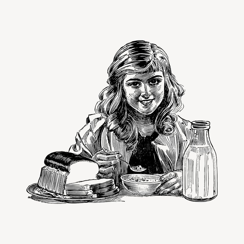 Girl having breakfast clipart vector. Free public domain CC0 image.