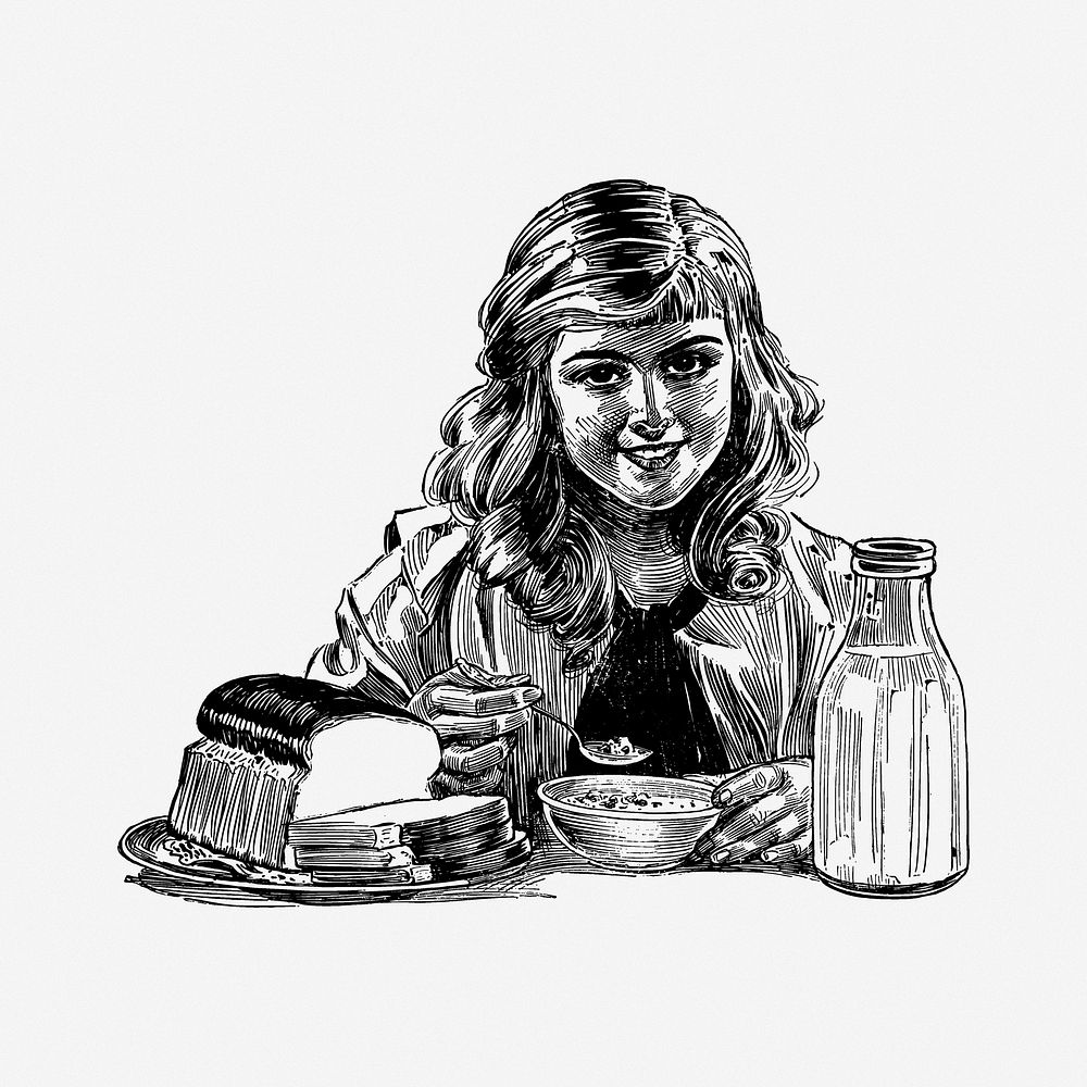 Girl having breakfast illustration. Free public domain CC0 image.
