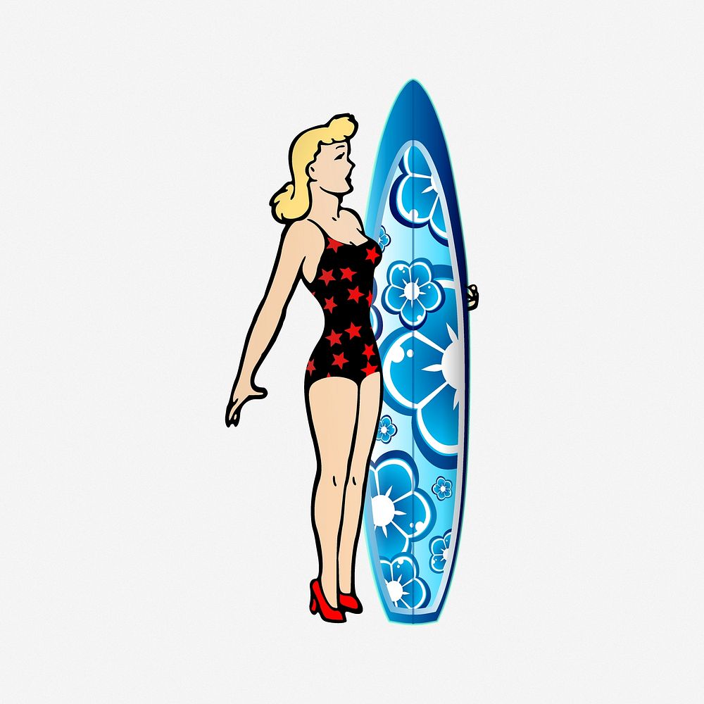 Woman surfer illustration. Free public domain CC0 image.