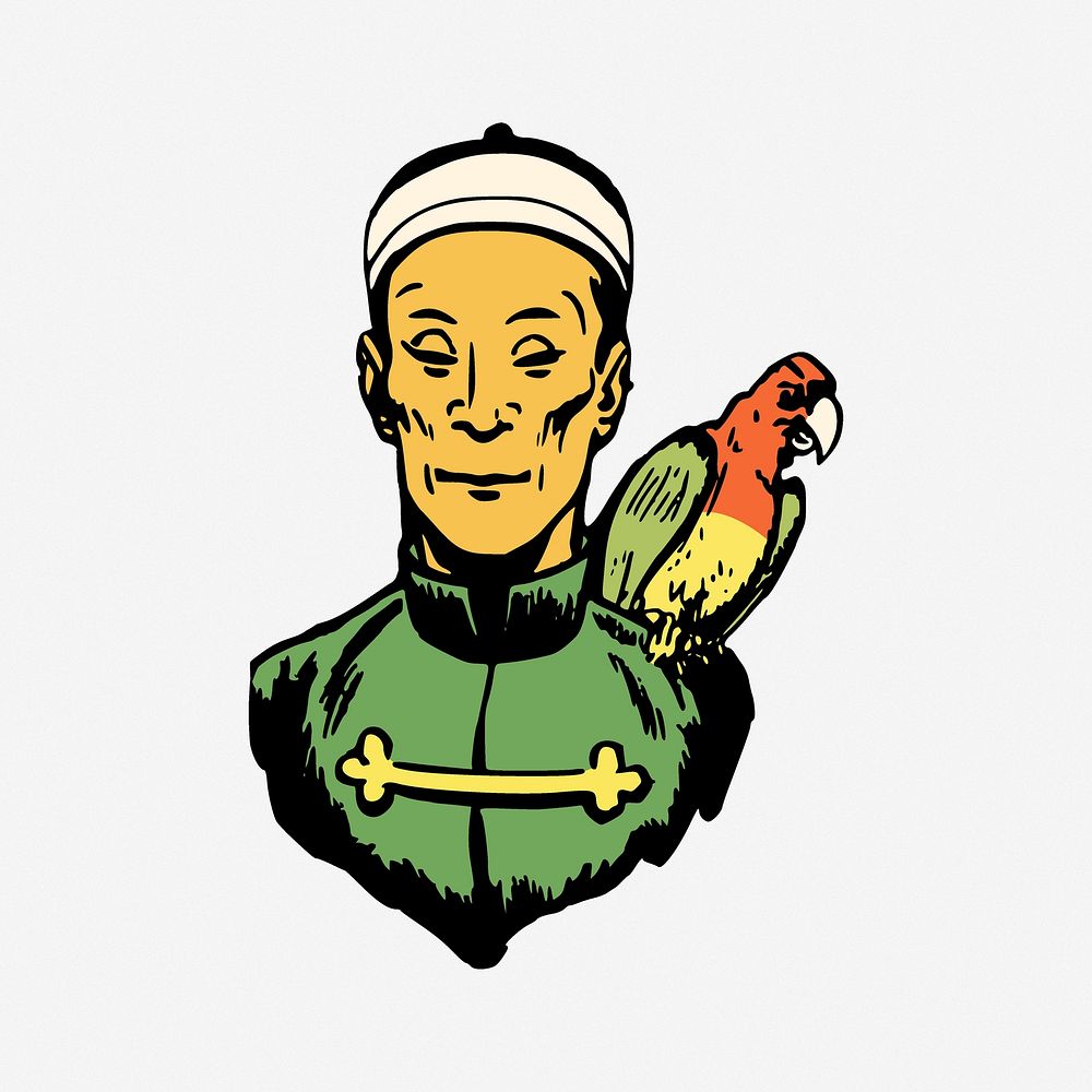 Chinese man with parrot illustration. Free public domain CC0 image.