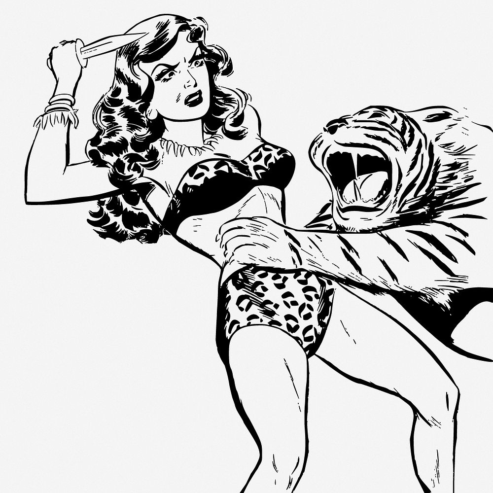 Woman fighting the tiger illustration. Free public domain CC0 image.