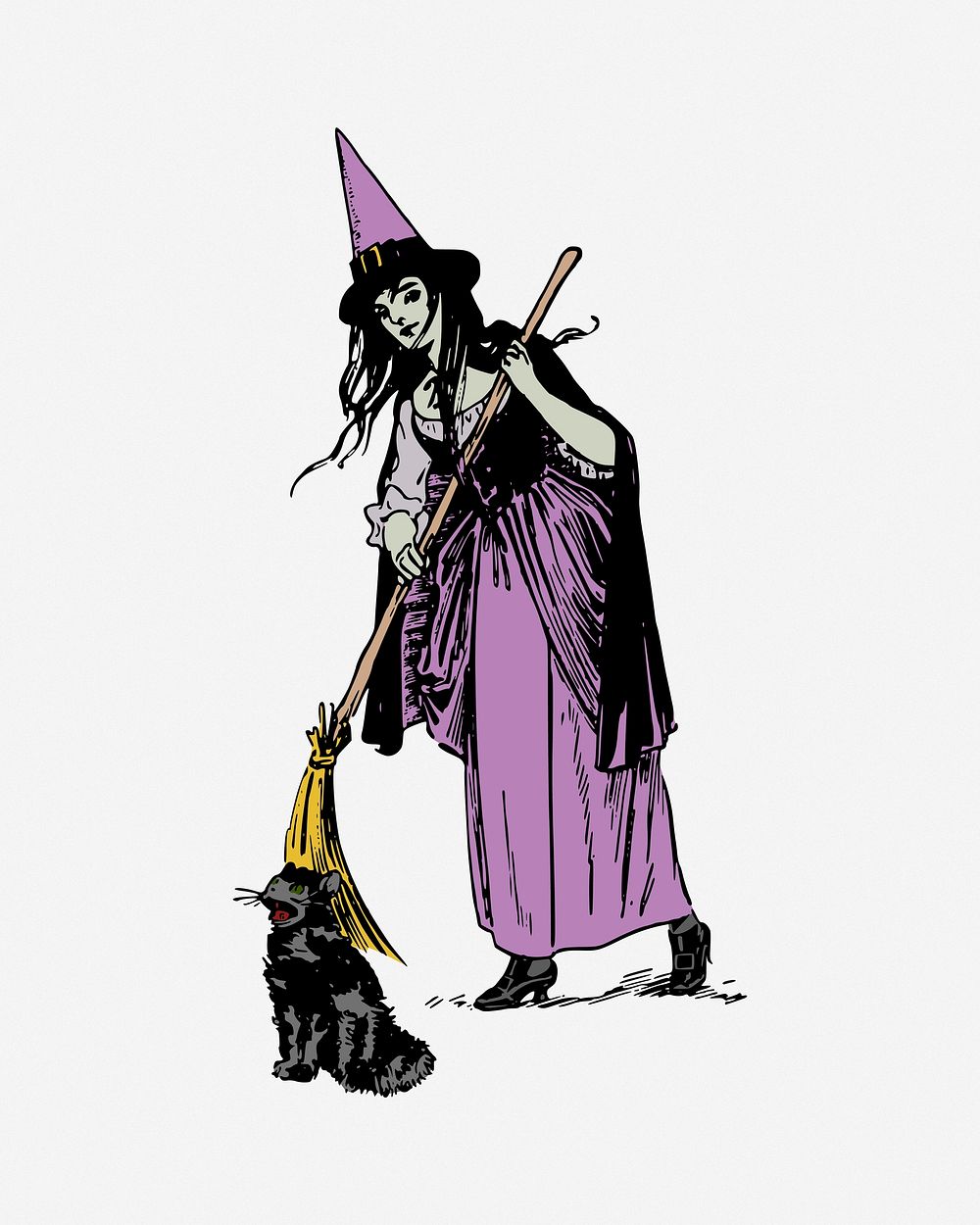 Witch and black cat, clip art. Free public domain CC0 image.