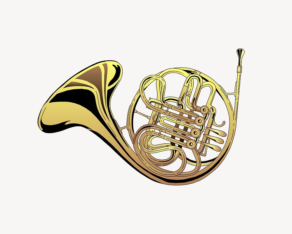 Brass horn illustration, clip art. Free public domain CC0 image.