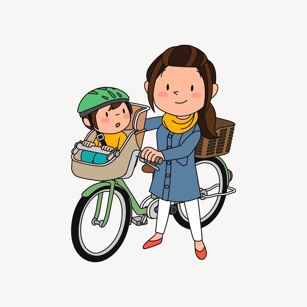 Mother bicycle illustration, clip art. Free public domain CC0 image.