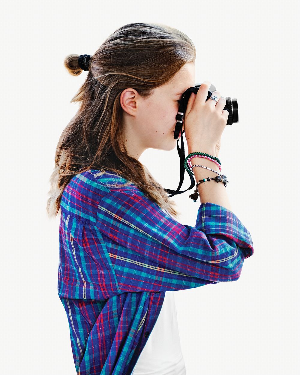 Woman taking photo, isolated image