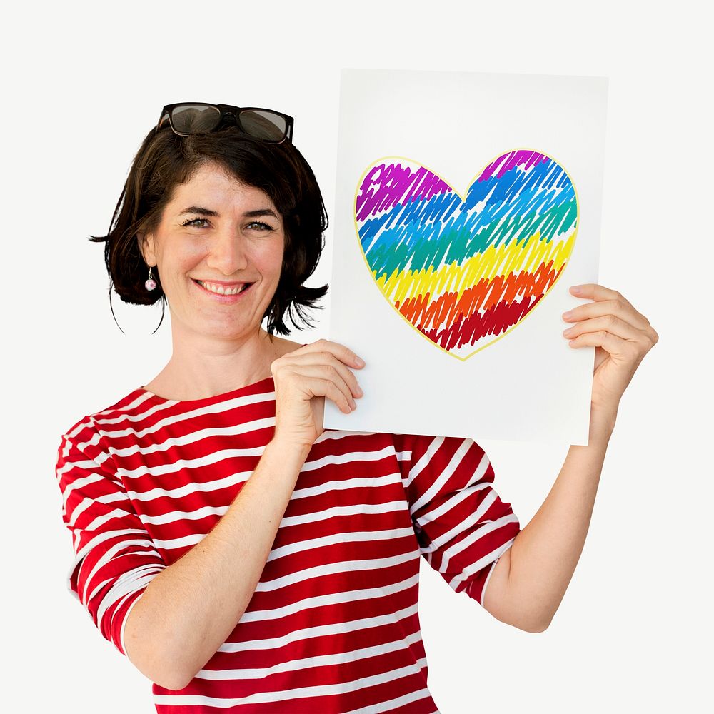 Woman holding LGBT heart icon collage element psd