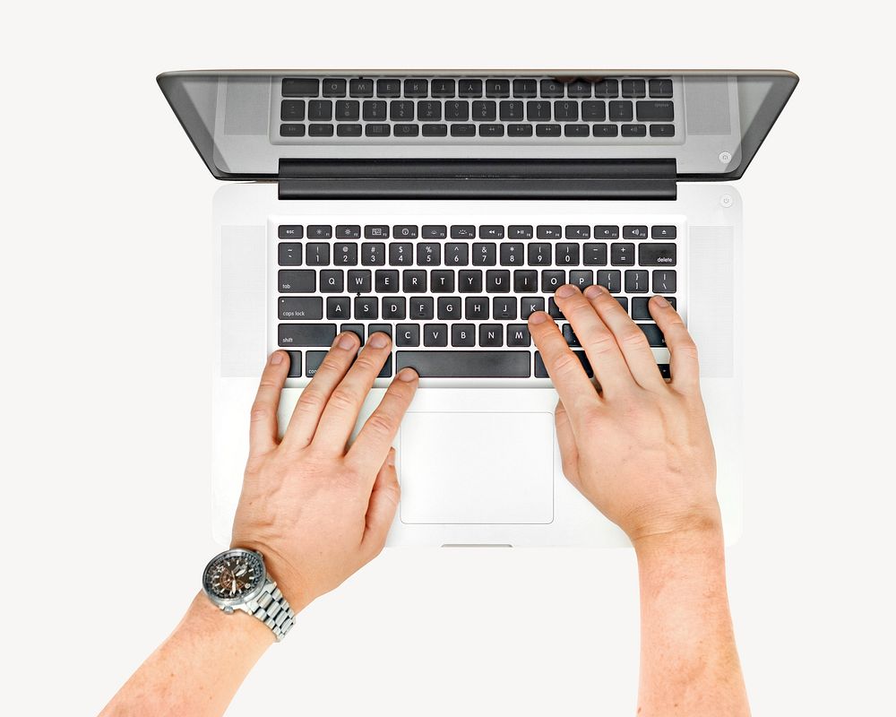 Hand on laptop, isolated object on white