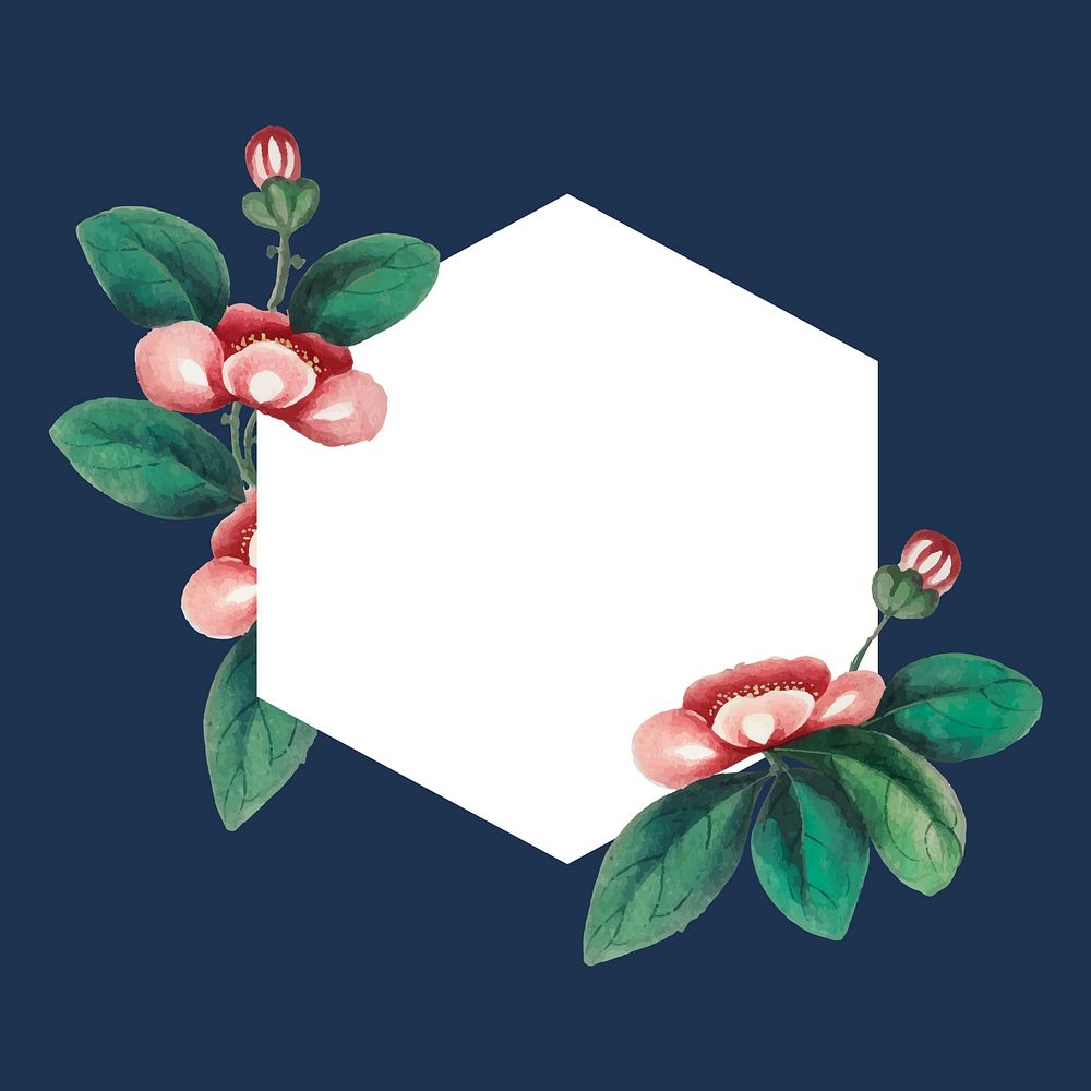 Hexagon frame, floral design on blue background