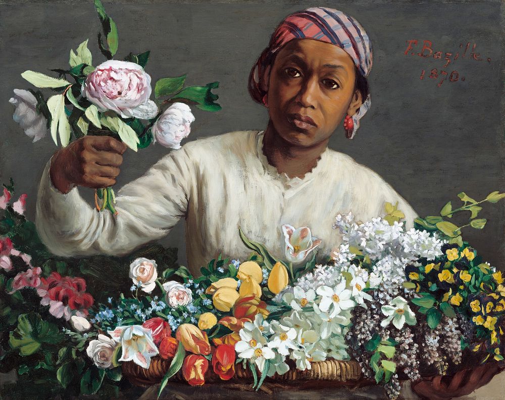 Young Woman with Peonies (1870) by Fr&eacute;d&eacute;ric Bazille. Original from The National Gallery of Art.  Digitally…