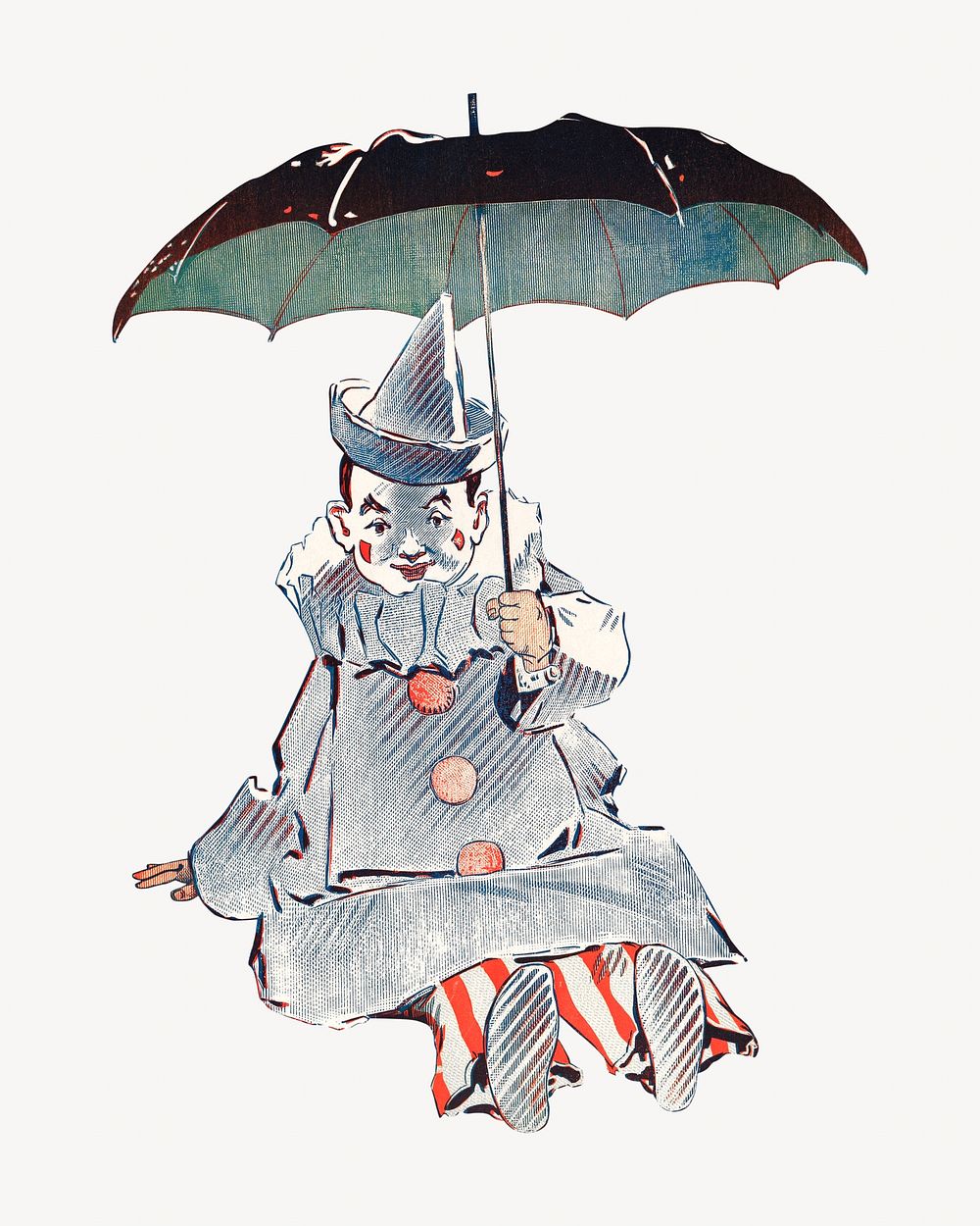 Clown holding umbrella, vintage illustration by George Reiter Brill.  Remixed by rawpixel. 