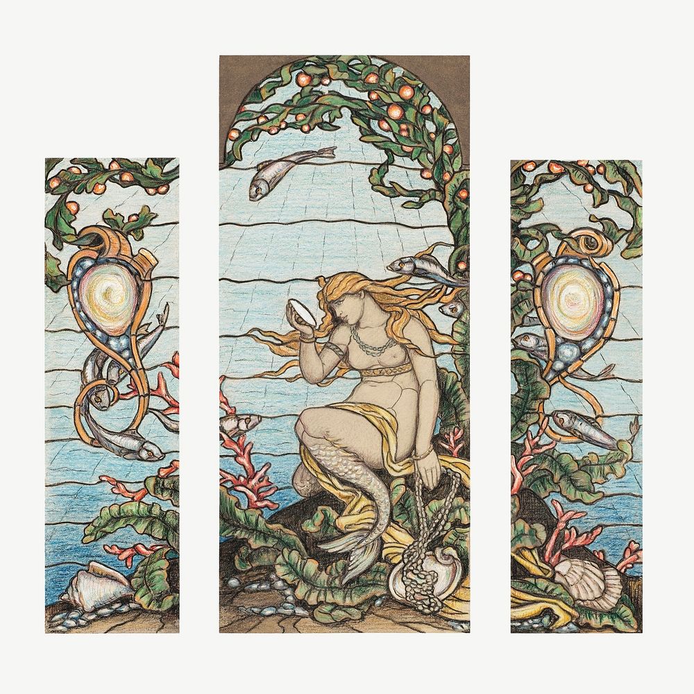 The Mermaid Window, mythical illustration by by Elihu Vedder psd.  Remixed by rawpixel. 