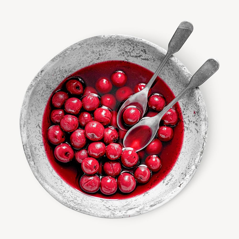 Maraschino cherry in a bowl, isolated image
