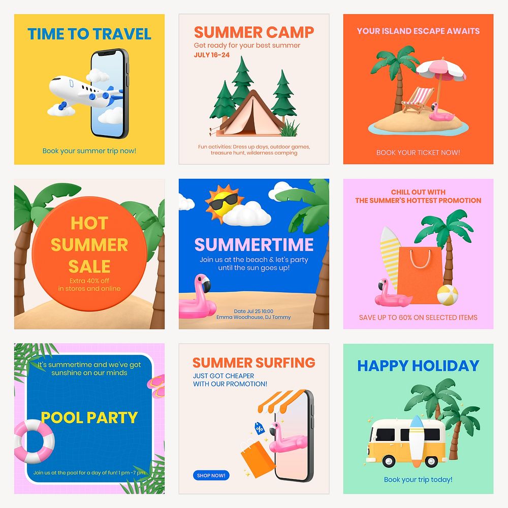 Summer promotion Instagram post template, 3D sale advertisement psd