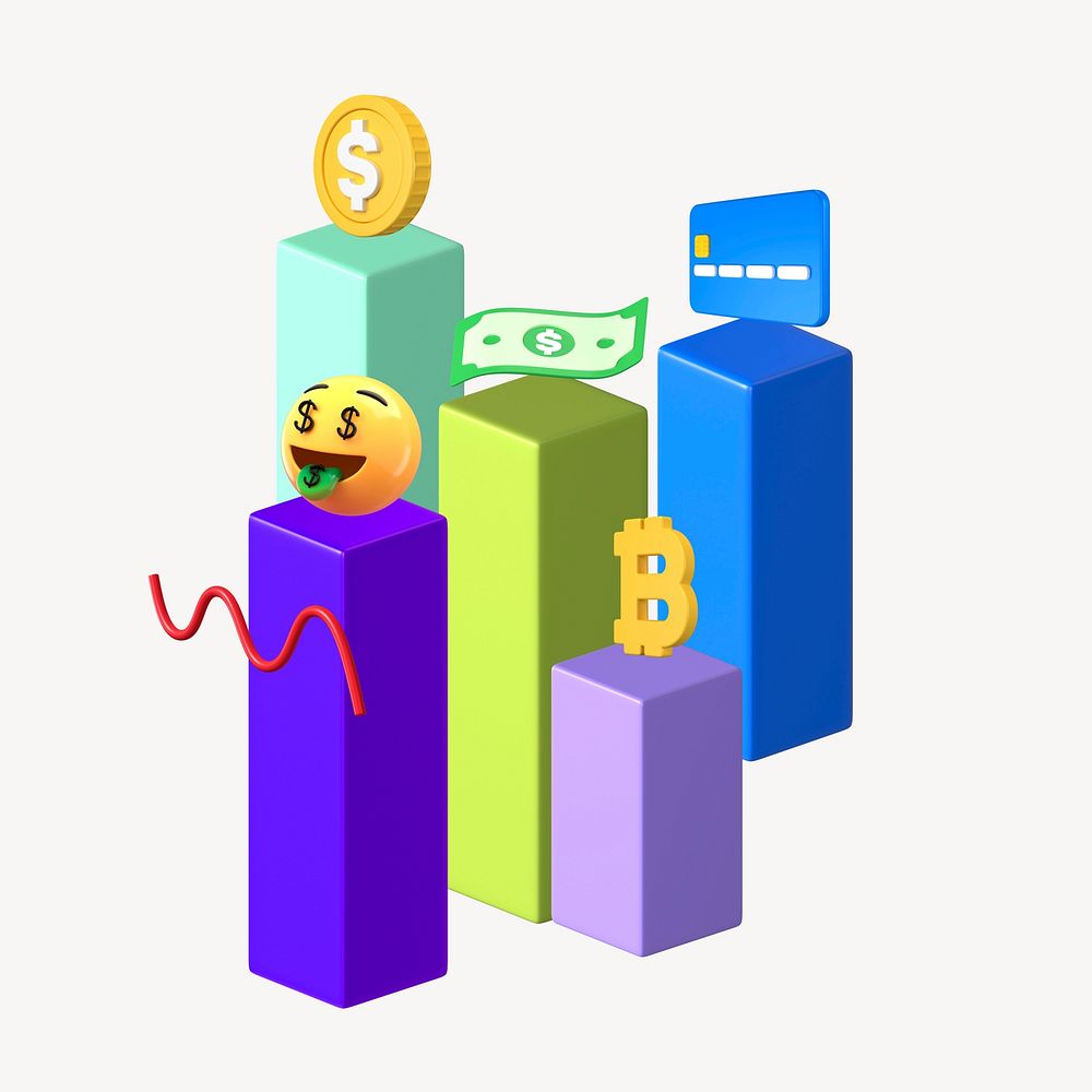Growing revenue emoticons, 3D business graphics