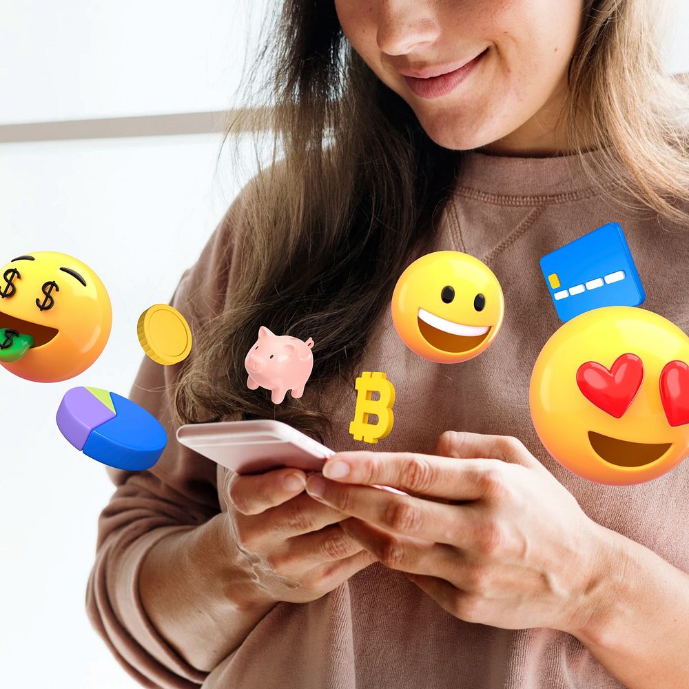 Woman using phone, 3D shopping online emoticons remix