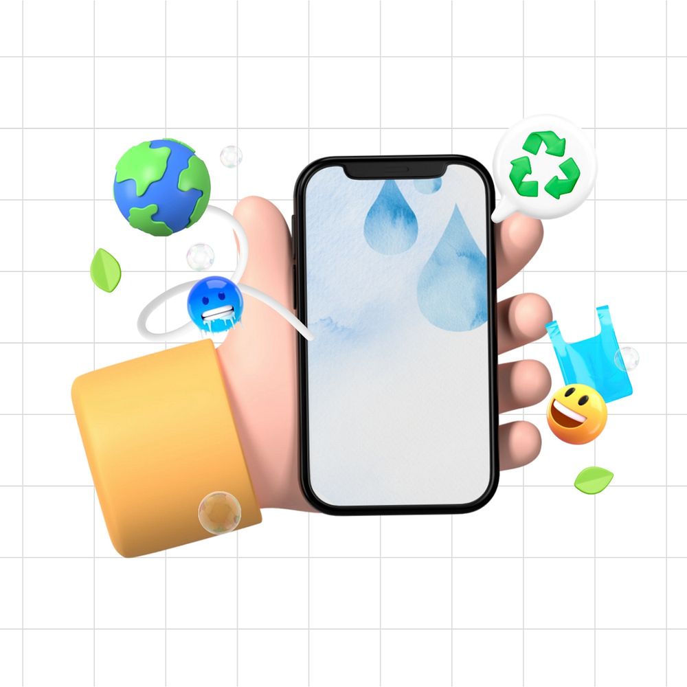 3D recycling awareness, hand holding a phone illustration