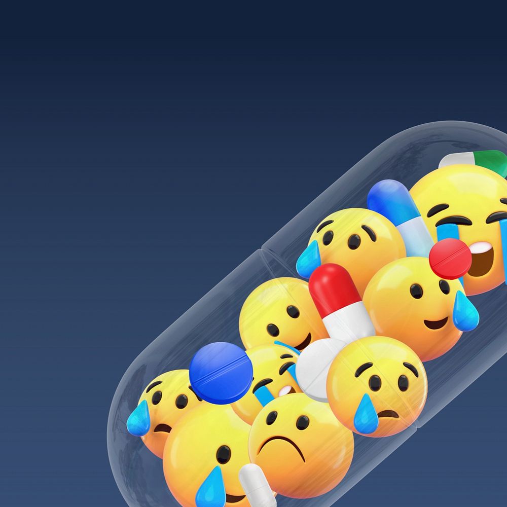 Sad emoticons health background, capsule medicine shape 