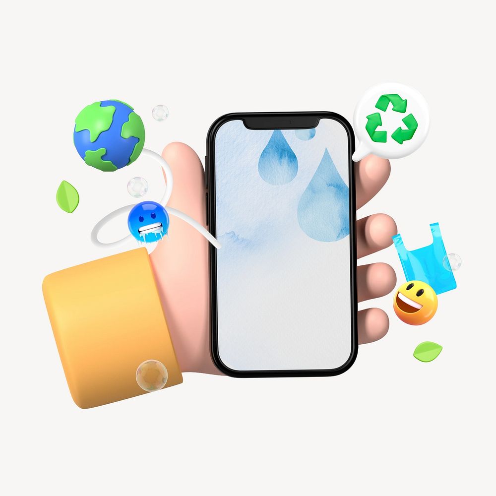 3D recycling awareness, hand holding a phone illustration