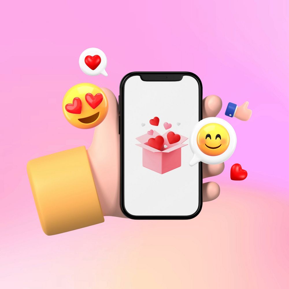 Love messages on phone screen, 3D emoticons