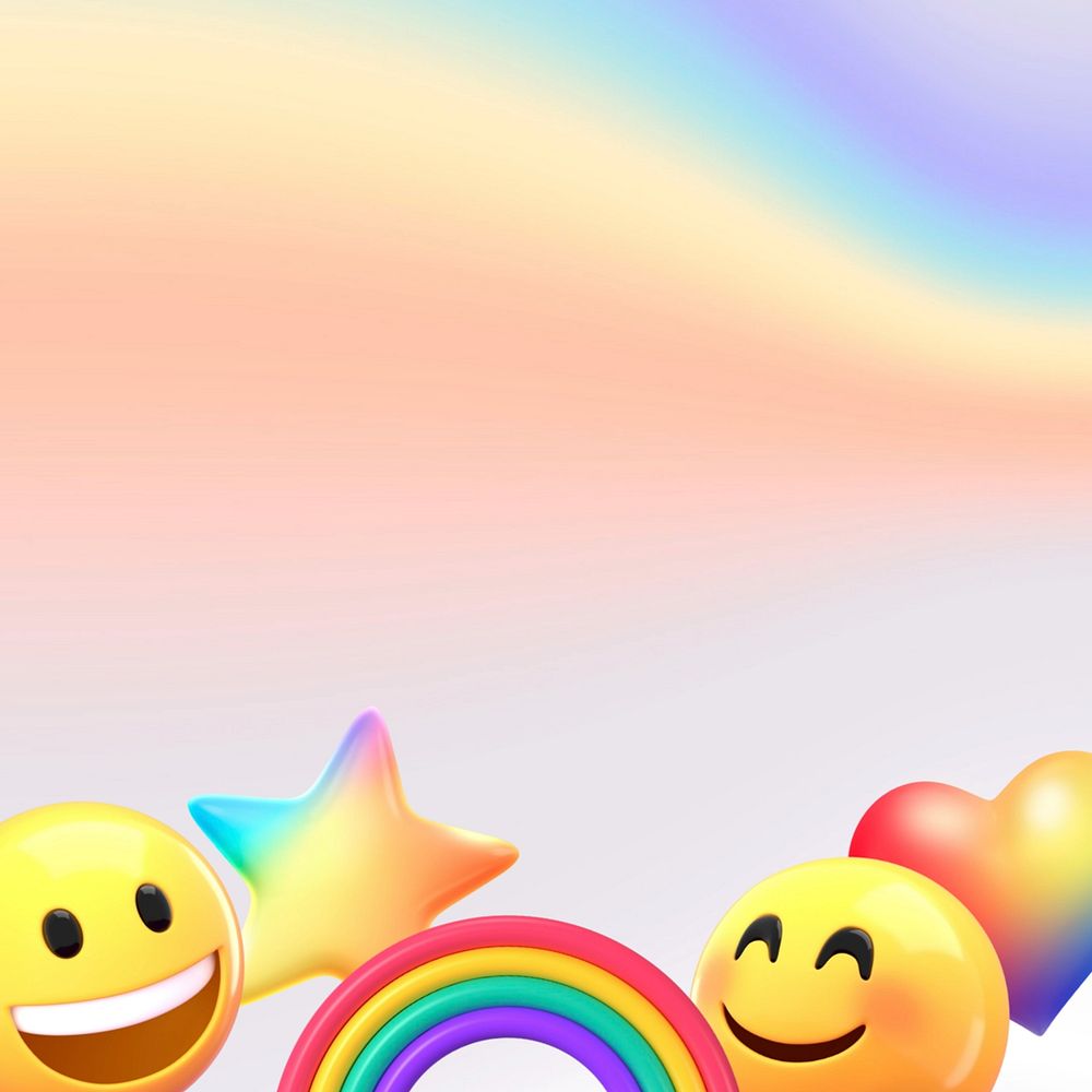Aesthetic gradient holographic background, 3D emoticons border