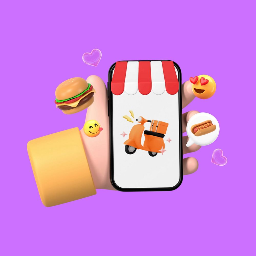 Food delivery, 3D emoticons, purple design