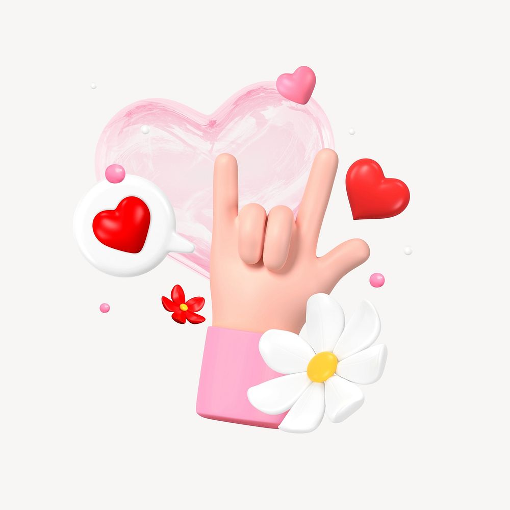 ILY hand sign, 3D love language illustration