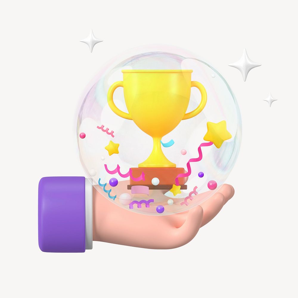 Hand presenting trophy, 3D business success concept