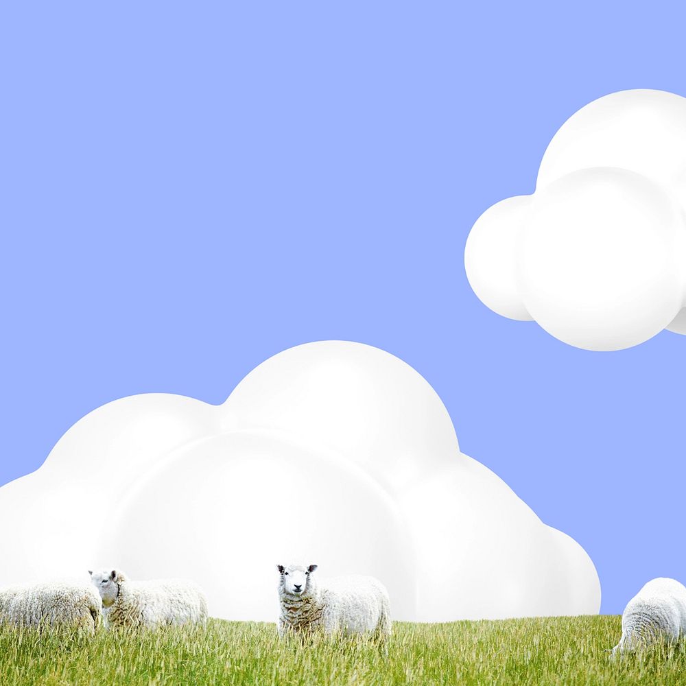Aesthetic grass field background, 3D cloud sky