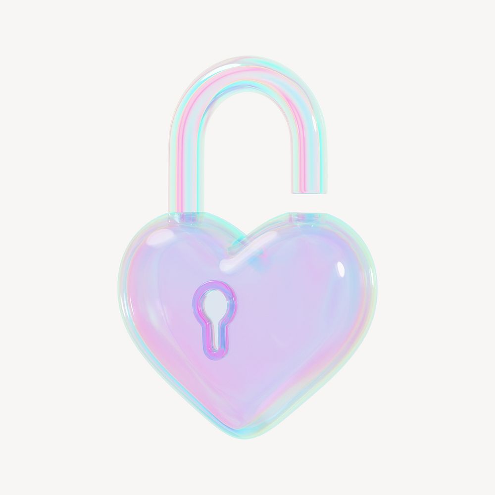 Iridescent heart padlock, 3D Valentine's illustration