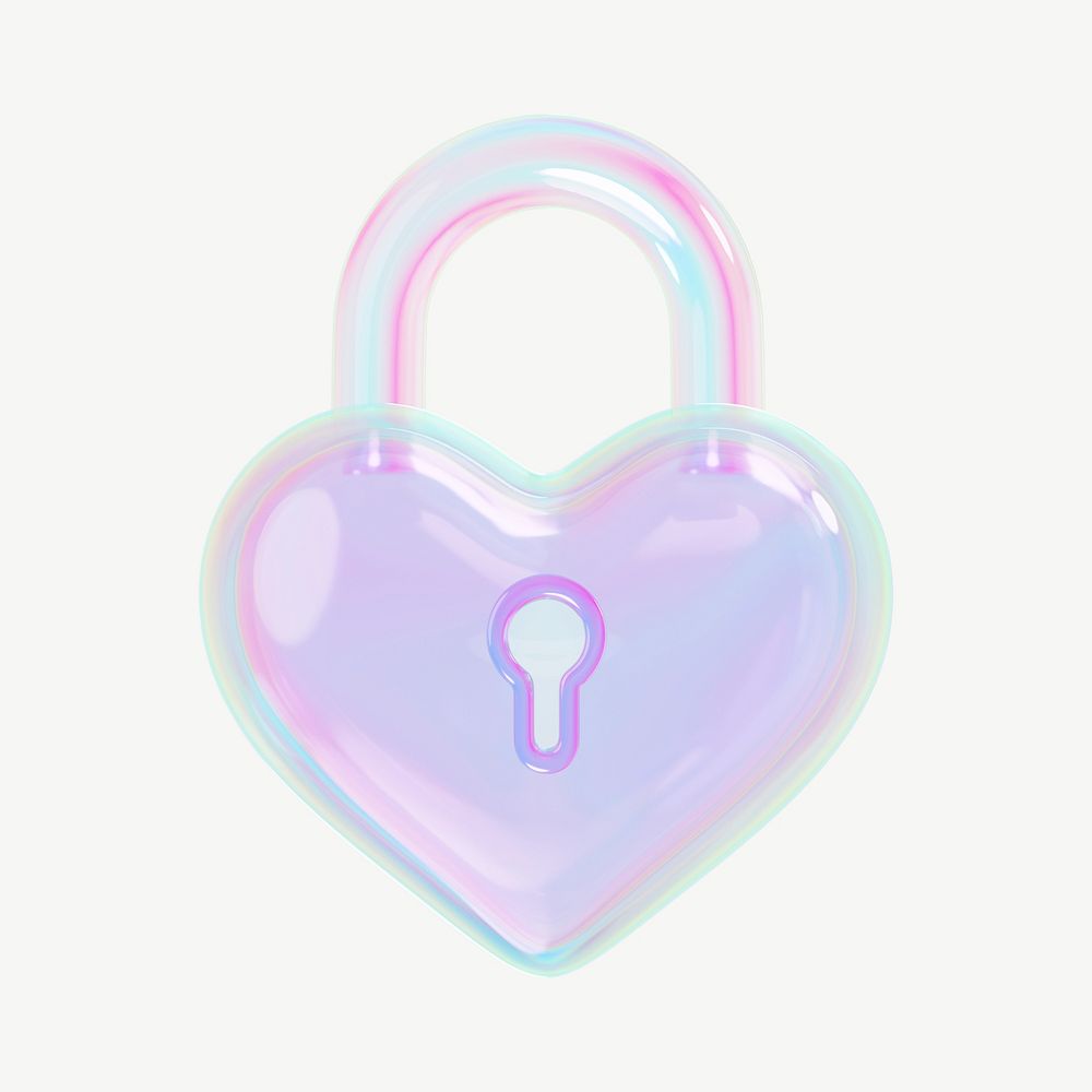 Iridescent heart padlock, 3D Valentine's collage element psd