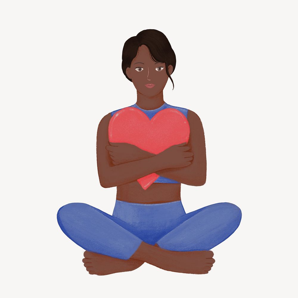 Black woman hugging heart, self-care character illustration