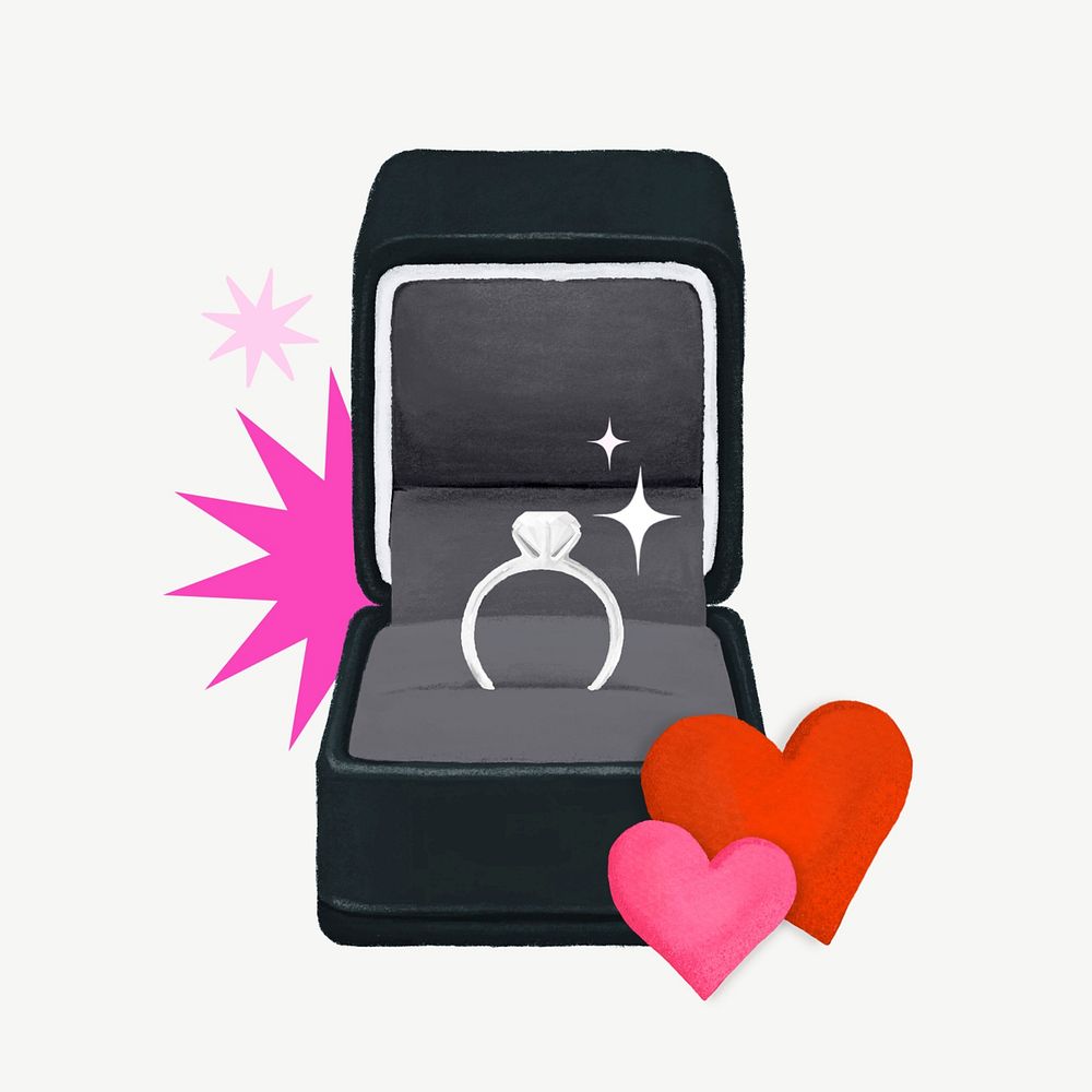 Wedding diamond ring, black velvet box illustration psd