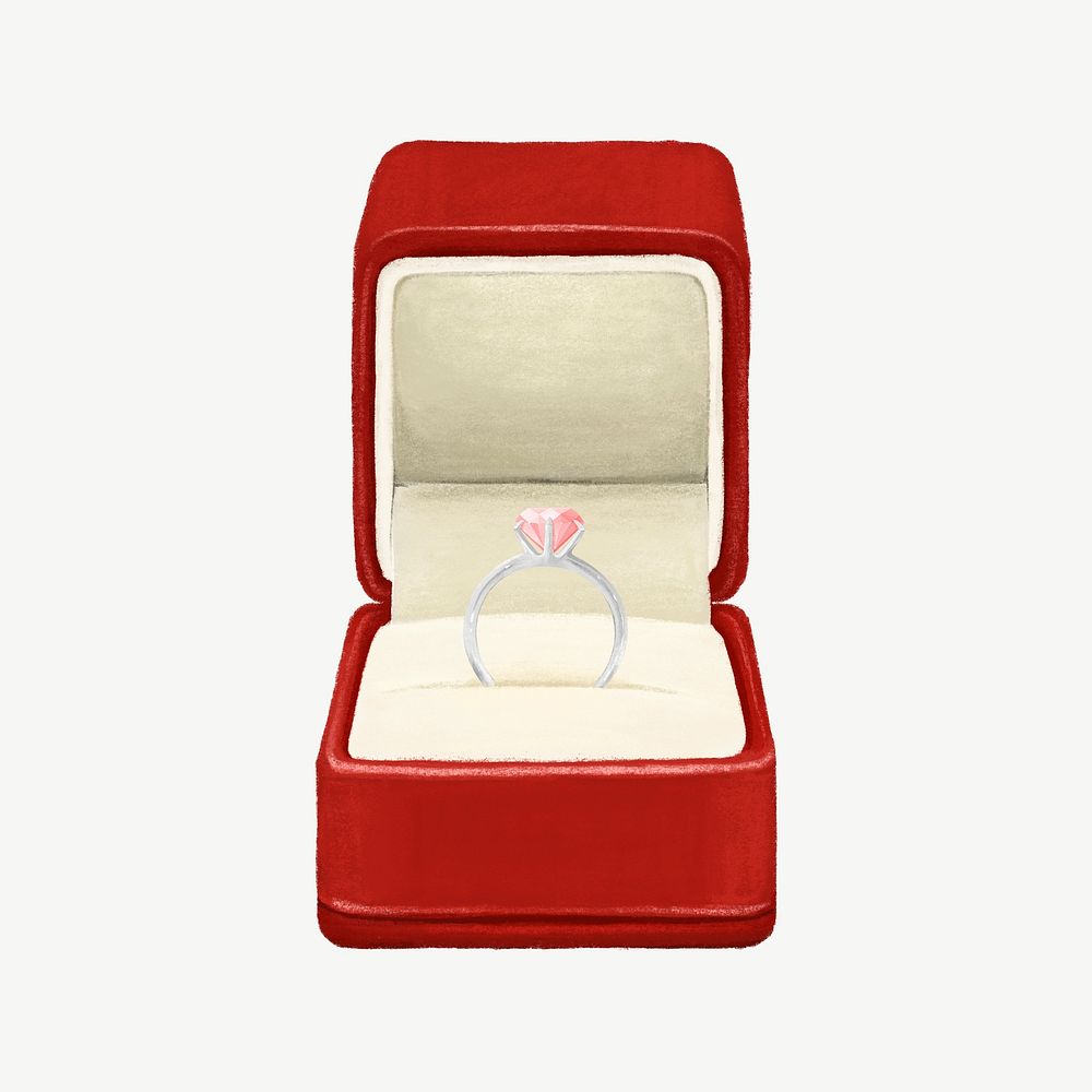 Wedding diamond ring, red velvet box illustration psd