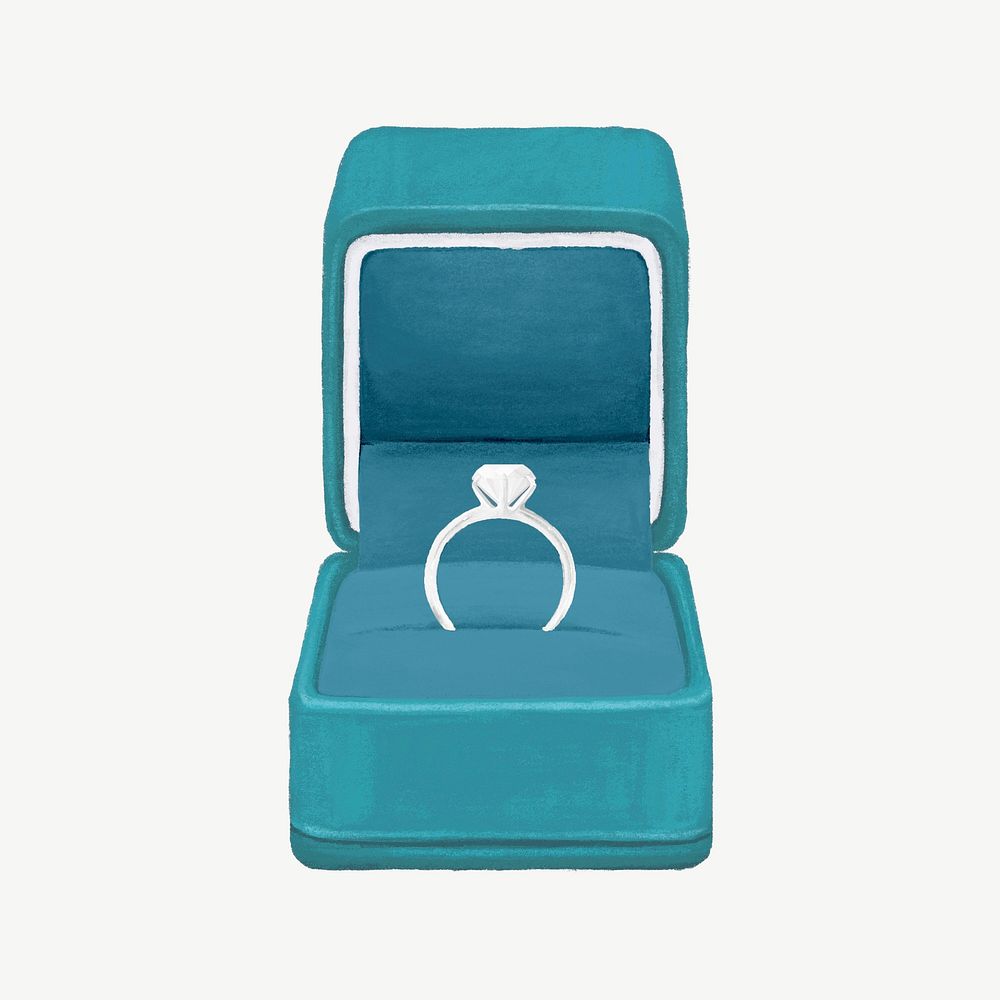Wedding diamond ring, green velvet box illustration psd