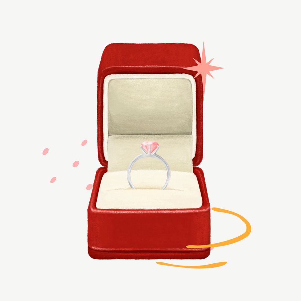 Wedding diamond ring, red velvet box illustration psd