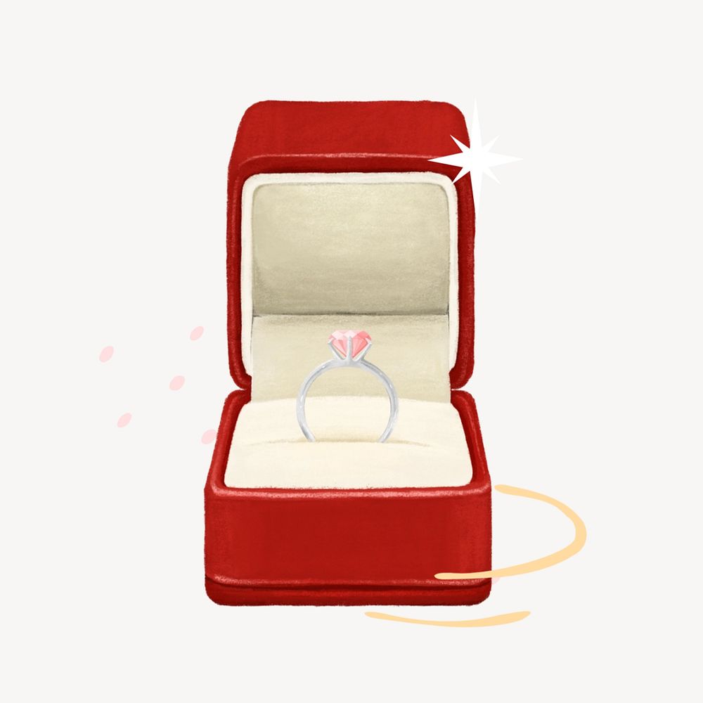 Wedding diamond ring, red velvet box illustration