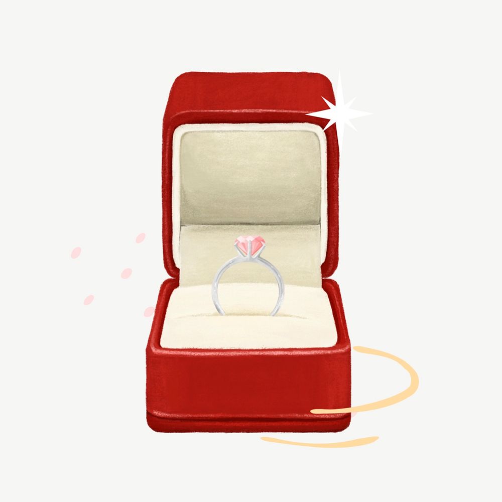 Wedding diamond ring, red velvet box illustration psd