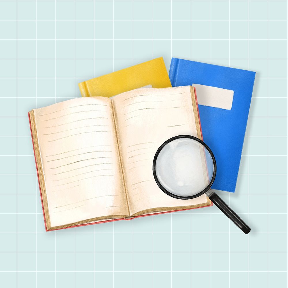 Education aesthetic, open book, magnifying glass illustration