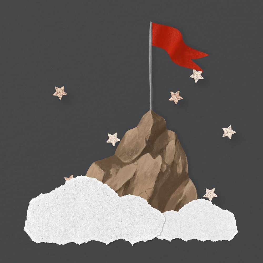 Mountain top flag, adventure tourism background